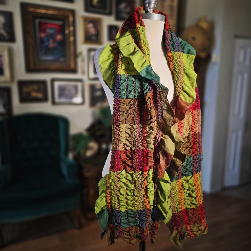 Ruffle Scarf‎ Colorful Patchwork Plaid Boho Eclectic Textured Green Red Orange